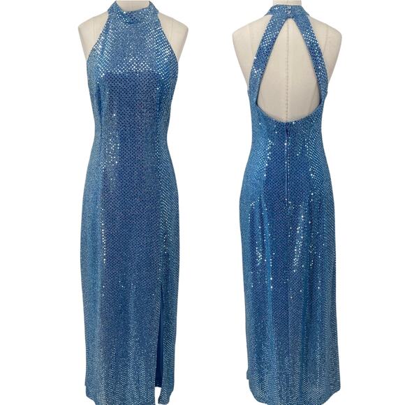 Vintage Y2k 579 Maxi Dress Backless High Neck Halter Sequined Gown Light Blue XS - Picture 1 of 15